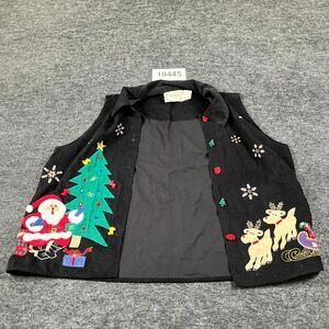 Tantrums Christmas Vest Women Large Black Cotton Embroidered Santa Tree Reindeer